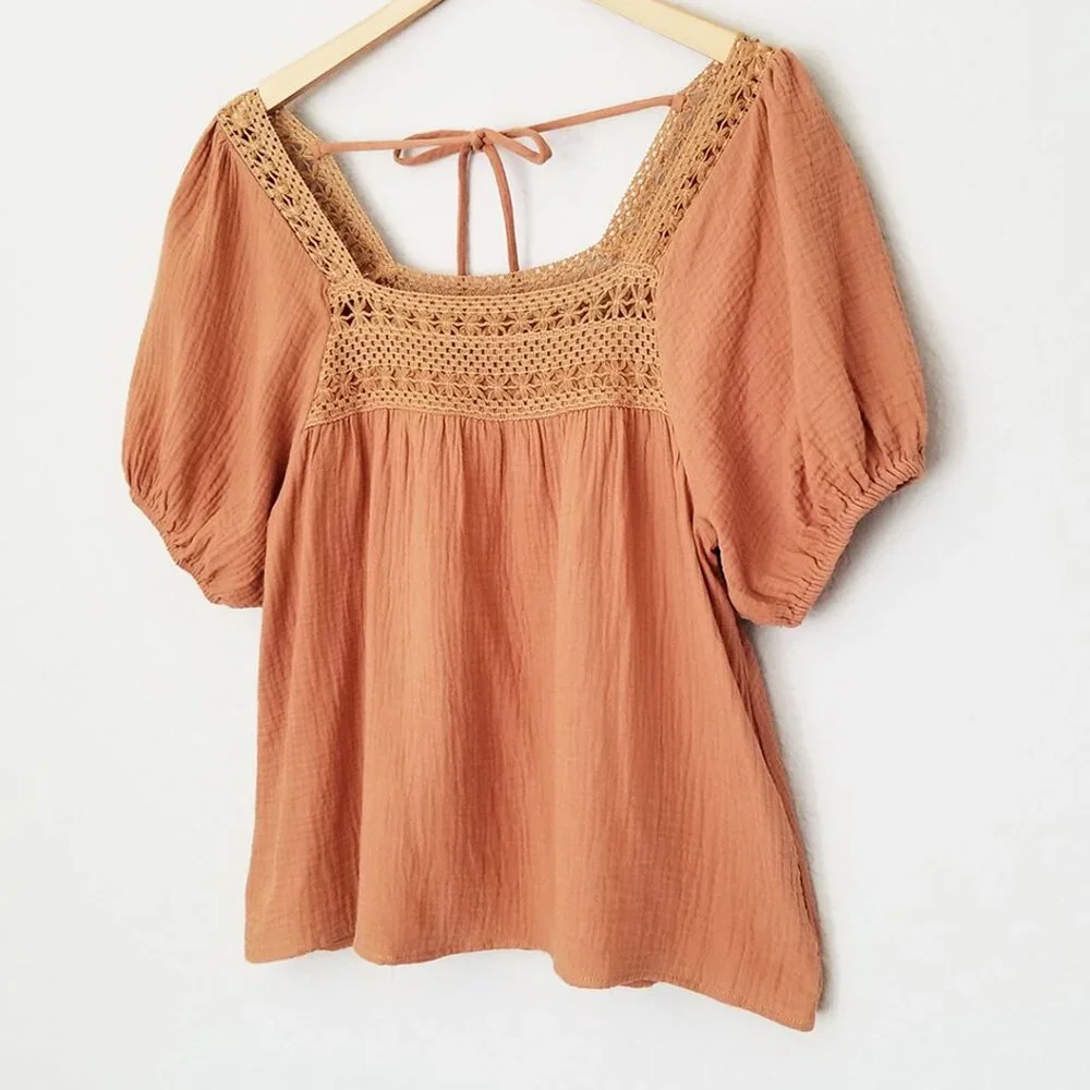 Bluivy Women's S Boho Crochet Lace Puff Sleeves Blouse Square Neck Camel Cotton - Picture 5 of 14